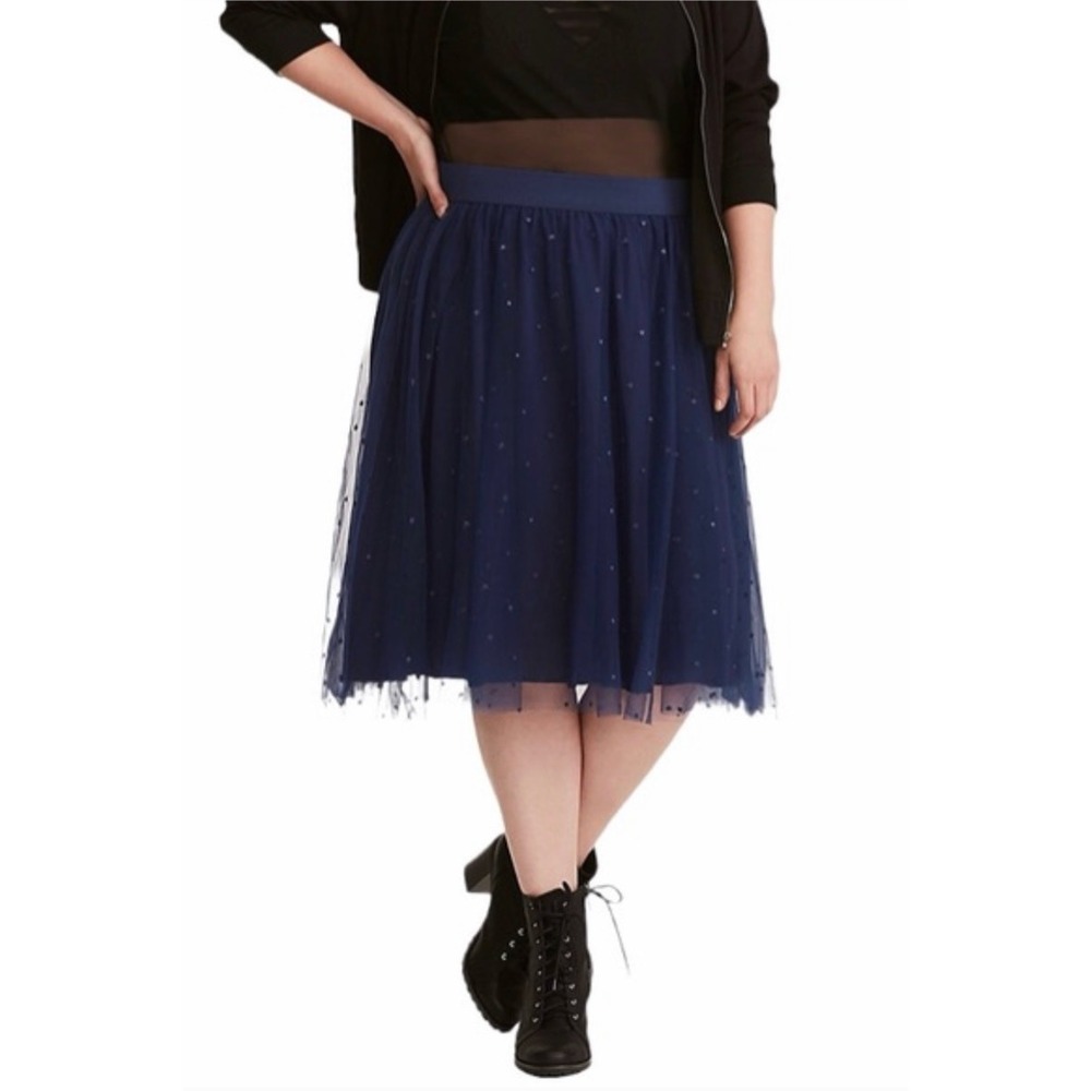 Torrid Women's Navy Blue Swiss Dot Tulle Midi Skirt Plus Size 1 1X